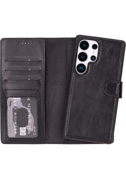 Buğz Samsung Galaxy S25 Ultra Uyumlu, Hakiki Deri, El Yapımı, Cüzdanlı Kılıf, Parlak Siyah fiyatları