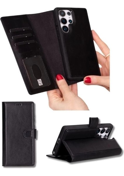 Buğz Samsung Galaxy S25 Ultra Uyumlu, Hakiki Deri, El Yapımı, Cüzdanlı Kılıf, Parlak Siyah indirimleri