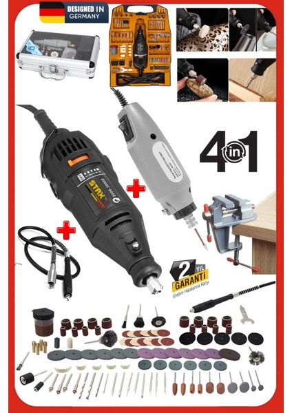 4ın1 Alüminyum Çantalı 62 Parça 12V Mini Gravür Hobi Taşlama Oyma Seti + 300PARÇA 500W Dremel Seti