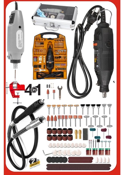 4ın1 Alüminyum Çantalı 62 Parça 12V Mini Gravür Hobi Taşlama Oyma Seti + 300PARÇA 500W Dremel Seti modelleri