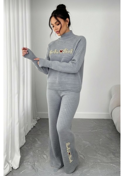 Fitilli Dokulu Inci Işlemeli Parmak Geçirmeli Yarım Balıkçı Yaka Triko Ikili Takım - Gri fiyatları