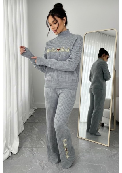 Fitilli Dokulu Inci Işlemeli Parmak Geçirmeli Yarım Balıkçı Yaka Triko Ikili Takım - Gri modelleri