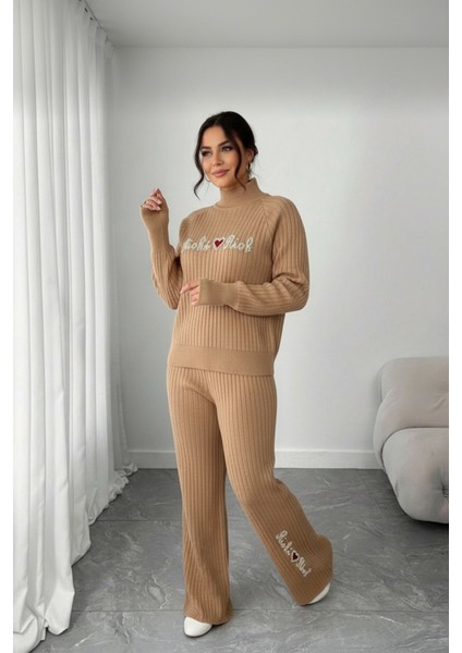 Fitilli Dokulu Inci Işlemeli Parmak Geçirmeli Yarım Balıkçı Yaka Triko Ikili Takım - Bej fiyatları