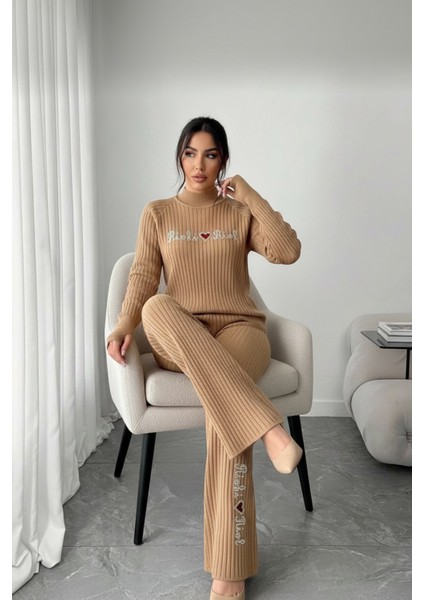 Fitilli Dokulu Inci Işlemeli Parmak Geçirmeli Yarım Balıkçı Yaka Triko Ikili Takım - Bej fırsatları