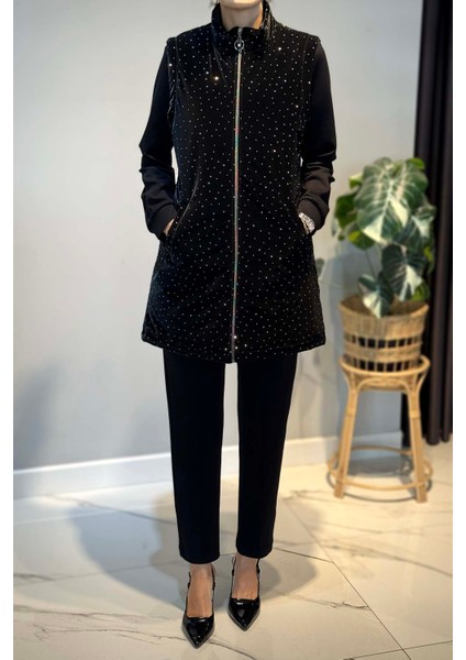 Taş Detay Kapitone Yelekli 3'lü Takım 25143 Siyah