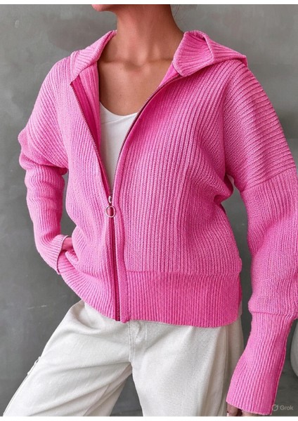 Kadın Balıkçı Yaka Fermuarlı Triko Hırka