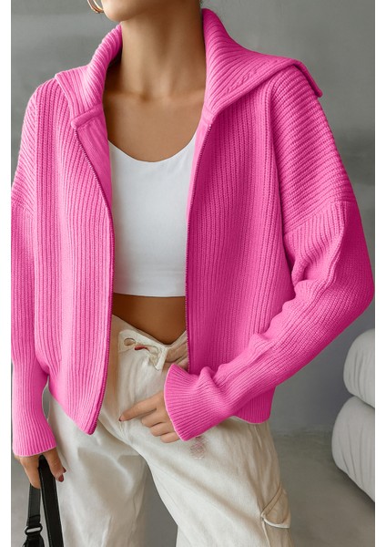 Kadın Balıkçı Yaka Fermuarlı Triko Hırka fiyatları