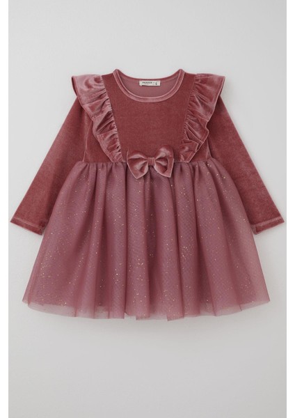 Kız Çocuk Uzun Kollu Kadife Elbise Fiyonk Aksesuarlı Tülü Detaylı 3-8 Yaş, Gülkurusu