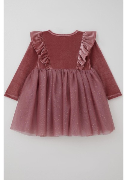Kız Çocuk Uzun Kollu Kadife Elbise Fiyonk Aksesuarlı Tülü Detaylı 3-8 Yaş, Gülkurusu fiyatları