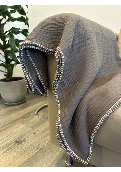 Joy %100 Pamuk 4 Kat Müslin Throw Tv Battaniyesi & Koltuk Şalı Antrasit