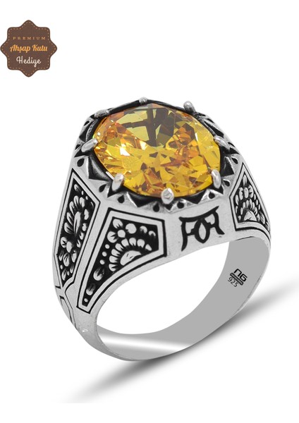 Sitrin Taşlı Desenli 925 Ayar Gümüş Erkek Yüzük 201024782