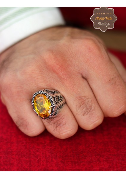 Sitrin Taşlı Desenli 925 Ayar Gümüş Erkek Yüzük 201024782 fiyatları