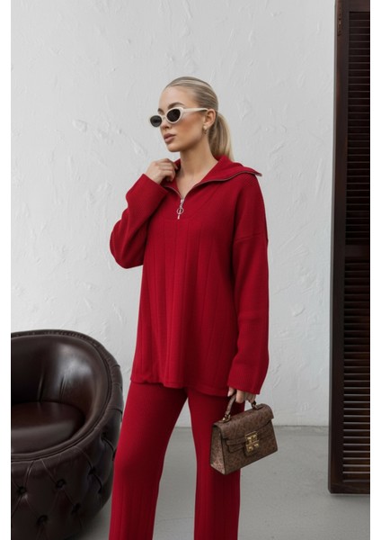 Kadın Fermuarlı Yaka Triko Takım Salaş Üst ve Geniş Paça Pantolon - Bordo