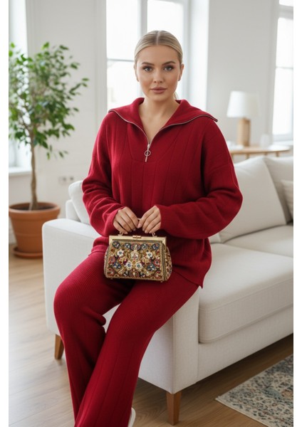 Kadın Fermuarlı Yaka Triko Takım Salaş Üst ve Geniş Paça Pantolon - Bordo fiyatları