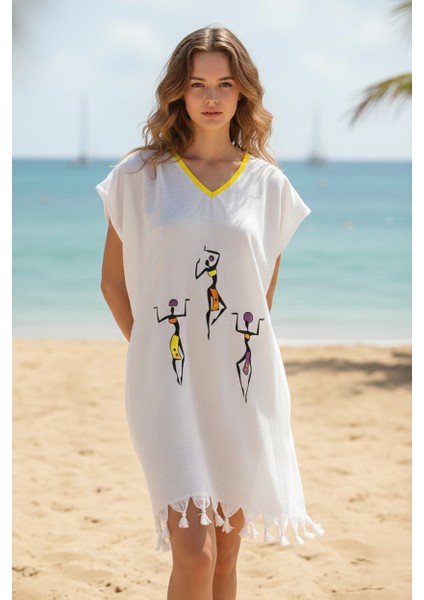 Plaj Elbisesi Viskon Pamuk Sarı Biyeli Africa Desen S-M