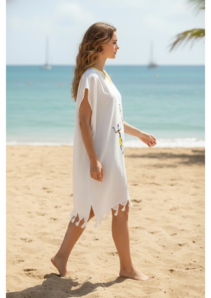 Plaj Elbisesi Viskon Pamuk Sarı Biyeli Africa Desen S-M fiyatları