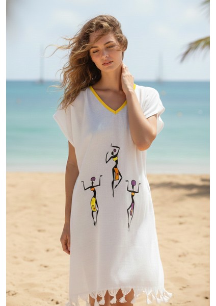 Plaj Elbisesi Viskon Pamuk Sarı Biyeli Africa Desen S-M modelleri
