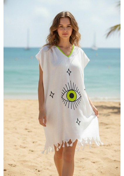 Plaj Elbisesi Viskon Pamuk Biyeli Eye Desen L- Xl