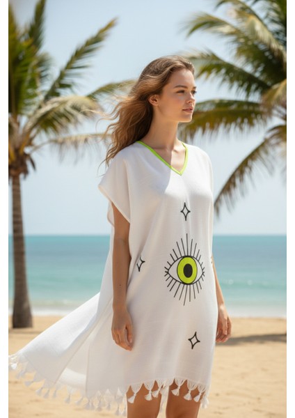 Plaj Elbisesi Viskon Pamuk Biyeli Eye Desen L- Xl modelleri