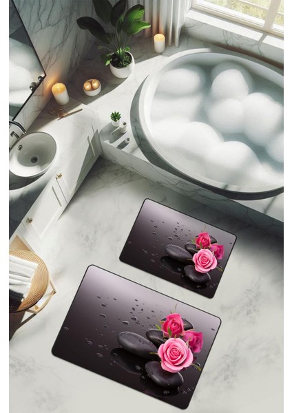 Yıkanabilir Kaymaz Tabanlı Modern Desenli 2'li Banyo Paspas Takımı BPS0033