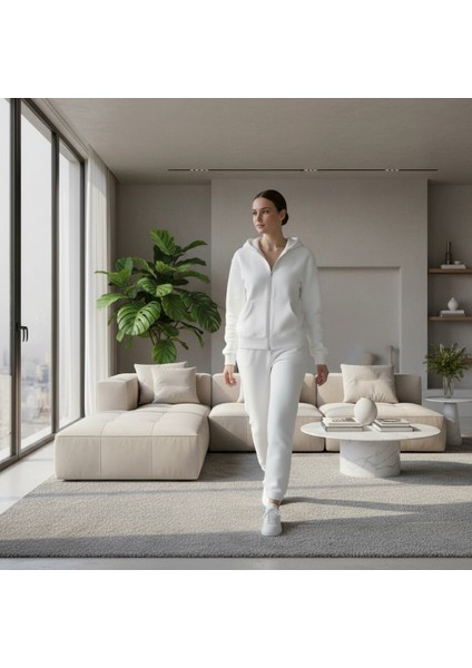 3 Iplik Şardonlu Kapşonlu Hoodie Frm Beyaz P510437