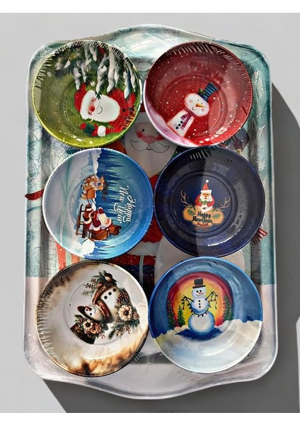 Yılbaşı Temalı 6’lı Metal Çerezlik Kase Sosluk Takımı + Tepsi (Streçli – Açılmamış Paket) (Kod:1) fiyatları