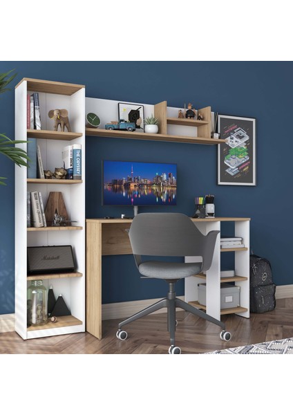 Ha125 Kitaplıklı Raflı Çalışma Ofis Bilgisayar Masası Sepet Ceviz - Beyaz