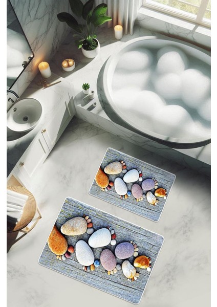 Yıkanabilir Kaymaz Tabanlı Modern Desenli 2'li Banyo Paspas Takımı BPS0038