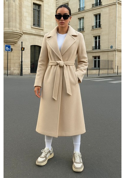 Kadın Kruvaze Salaş Trend Krem Kaşe Kaban