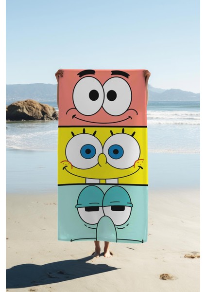 Dijital Baskı Plaj Deniz Havlusu Sünger Bob Desenli Peştamal HVL0203