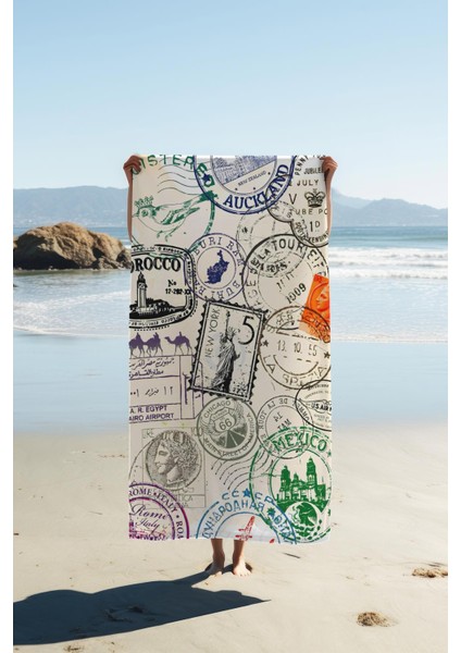 Dijital Baskı Plaj Deniz Havlusu Posta Pulu Desenli Peştamal HVL0228