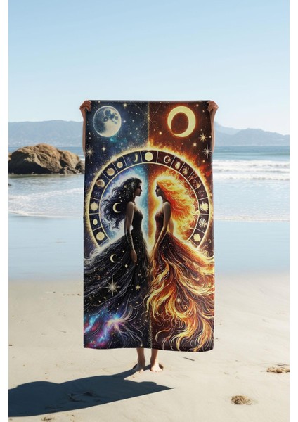 Dijital Baskı Plaj Deniz Havlusu Gece ve Gündüz Desenli Peştamal HVL0054