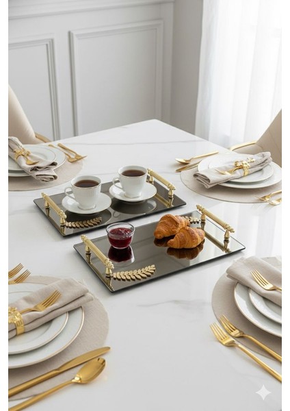 Dekoratif Aynalı Yaprak Desenli Sunum Tepsisi, Çay Tepsisi ,lüx Çay Tepsisi