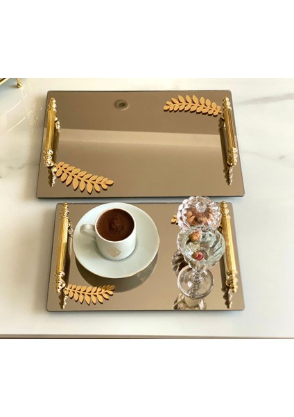 Dekoratif Aynalı Yaprak Desenli Sunum Tepsisi, Çay Tepsisi ,lüx Çay Tepsisi modelleri