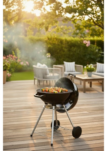 Yuvarlak Kömürlü Mangal 44 cm Krom Izgara Kapaklı Tekerlekli
