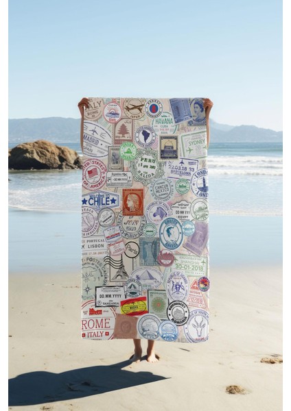 Dijital Baskı Plaj Deniz Havlusu Posta Pulu Desenli Peştamal HVL0081