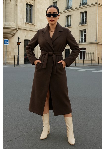 Kadın Kruvaze Salaş Trend Kahve Kaşe Kaban