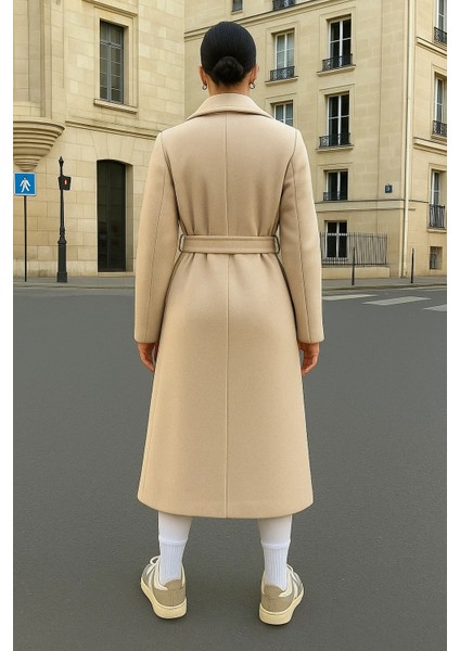 Kadın Kruvaze Salaş Trend Krem Kaşe Kaban