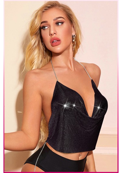 Kristal Taşlı Parlak Crop & Bluz Kolsuz Kayık Yaka Parti Plaj Büstiyer