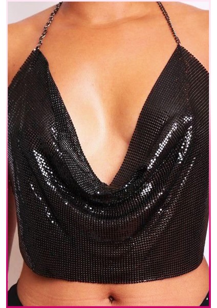 Kristal Taşlı Parlak Crop & Bluz Kolsuz Kayık Yaka Parti Plaj Büstiyer