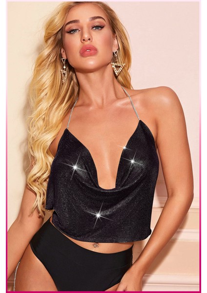 Kristal Taşlı Parlak Crop & Bluz Kolsuz Kayık Yaka Parti Plaj Büstiyer