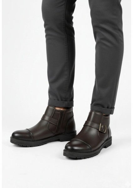 Erkek Suni Deri Içi Kürklü Fermuarlı Kemerli Kaymaz Termo Taban Kışlık Bot – Siyah