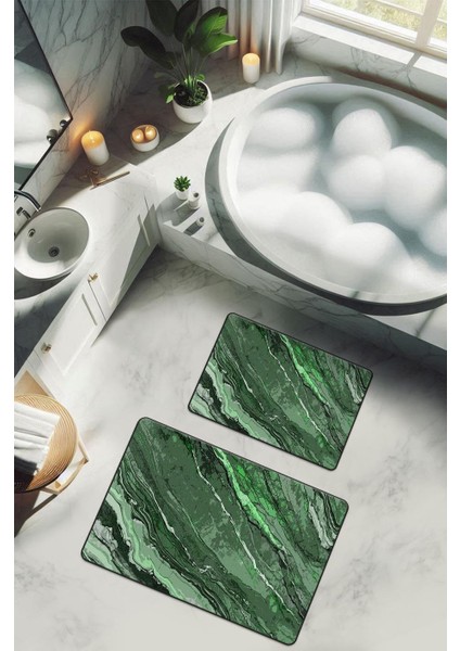 Yıkanabilir Kaymaz Tabanlı Modern Desenli 2'li Banyo Paspas Takımı BPS0007