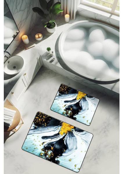 Yıkanabilir Kaymaz Tabanlı Modern Desenli 2'li Banyo Paspas Takımı BPS0010