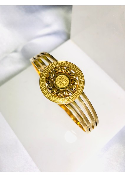 Dorika Taş Detaylı Madalyon Çelik Kelepçe Bileklik