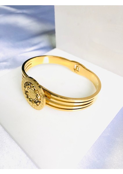 Dorika Taş Detaylı Madalyon Çelik Kelepçe Bileklik fırsatları