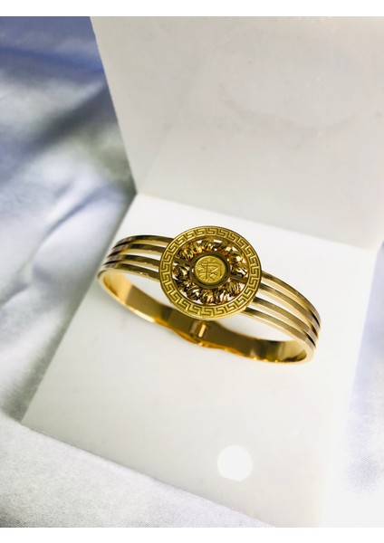 Dorika Taş Detaylı Madalyon Çelik Kelepçe Bileklik indirimleri