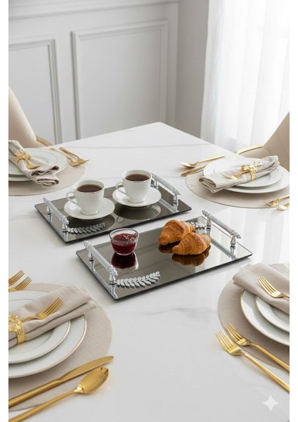 Dekoratif Aynalı Yaprak Desenli Sunum Tepsisi, Çay Tepsisi ,lüx Çay Tepsisi