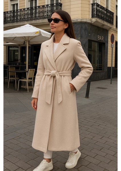 Kadın Comfort Kruvaze Trend Krem Uzun Kaşe Kaban