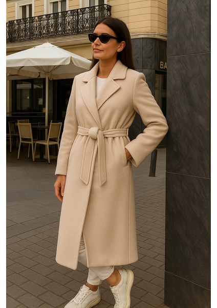 Kadın Comfort Kruvaze Trend Krem Uzun Kaşe Kaban modelleri